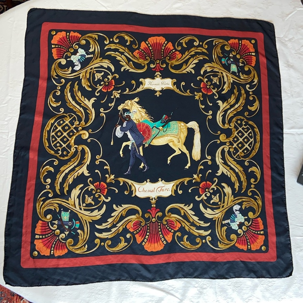 100% AUTHENTIC Vintage Hermès Silk Scarf "Cheval Turc." Vauzelles 1969